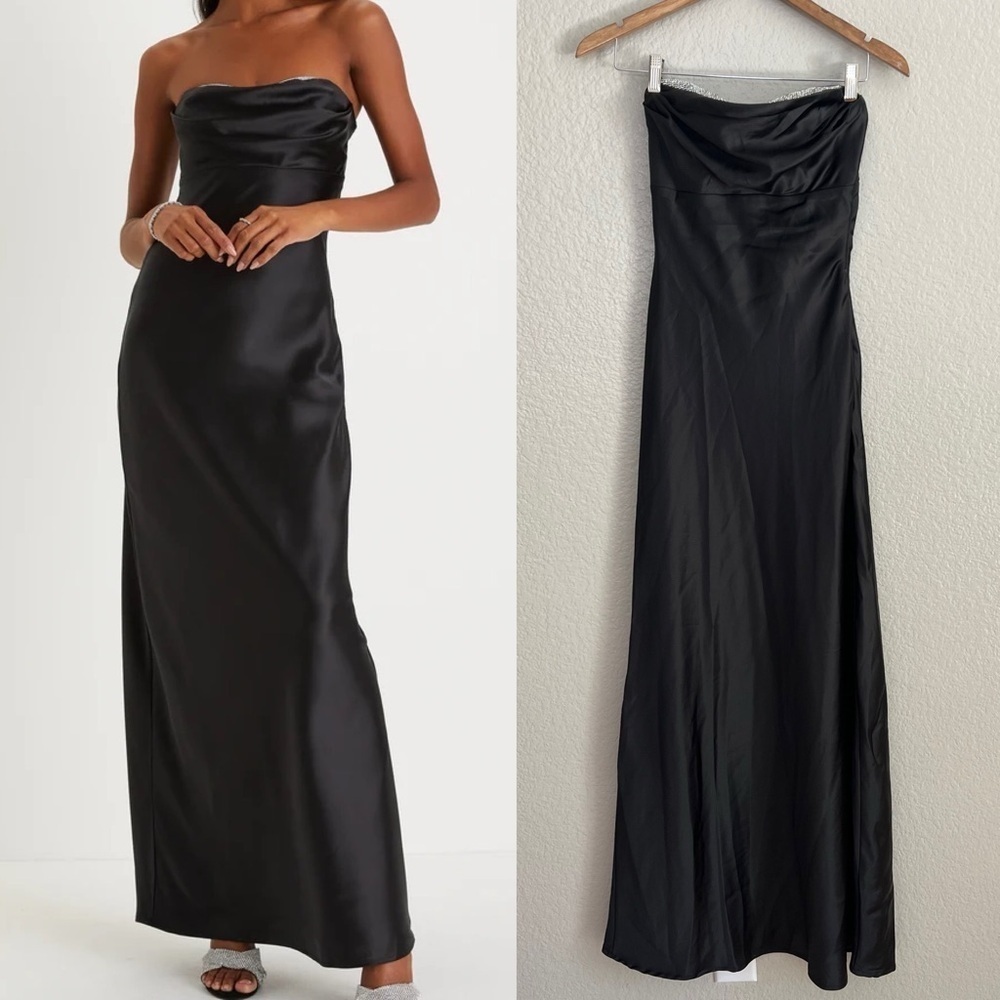 Exquisite Shine Black Satin Rhinestone Strapless Maxi Dress